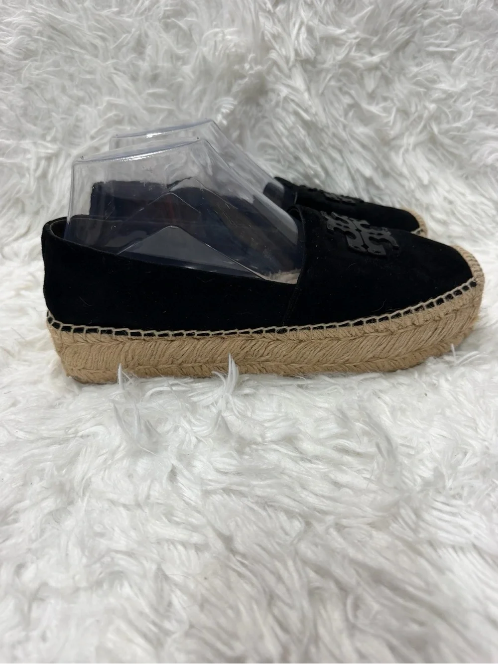 Tory Burch Black Suede Platform Espadrilles Double T Logo Size 10